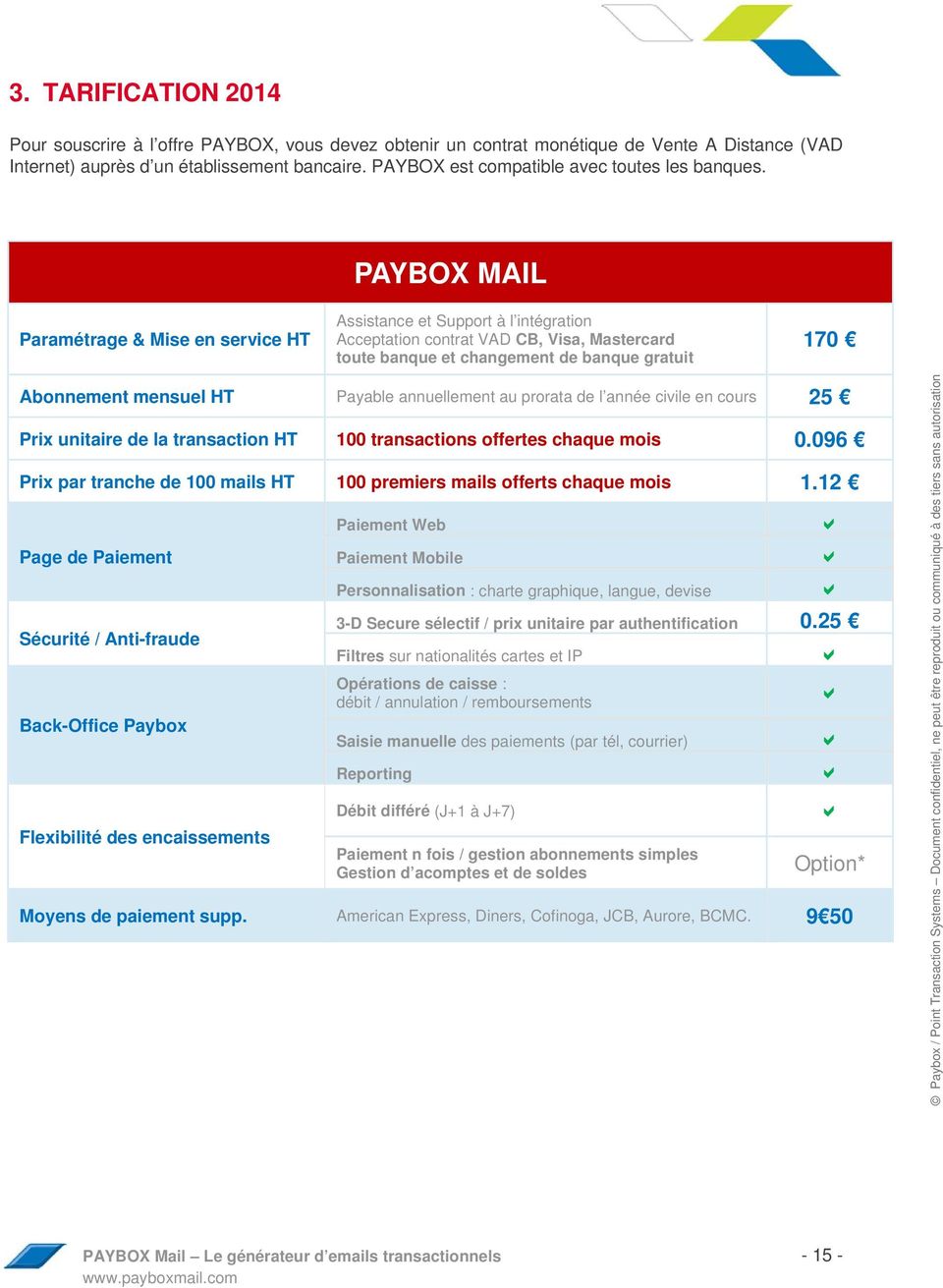 PAYBOX MAIL Paramétrage & Mise en service HT Assistance et Support à l intégration Acceptation contrat VAD CB, Visa, Mastercard toute banque et changement de banque gratuit 170 Abonnement mensuel HT