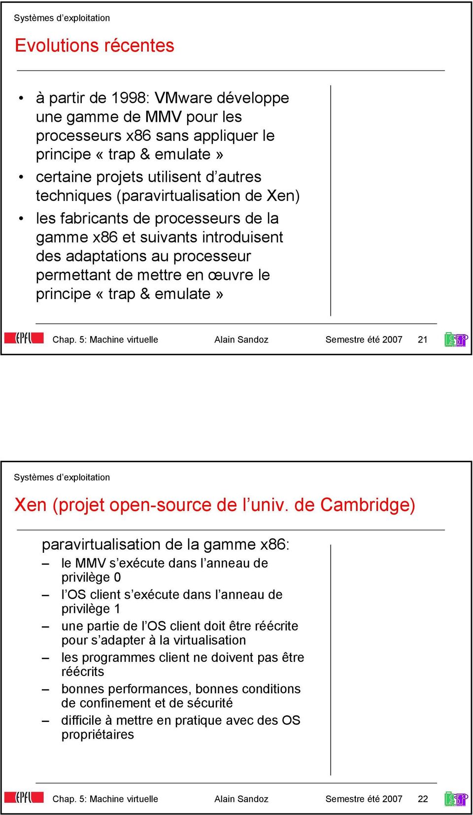 5: Machine virtuelle Alain Sandoz Semestre été 2007 21 Xen (projet open-source de l univ.