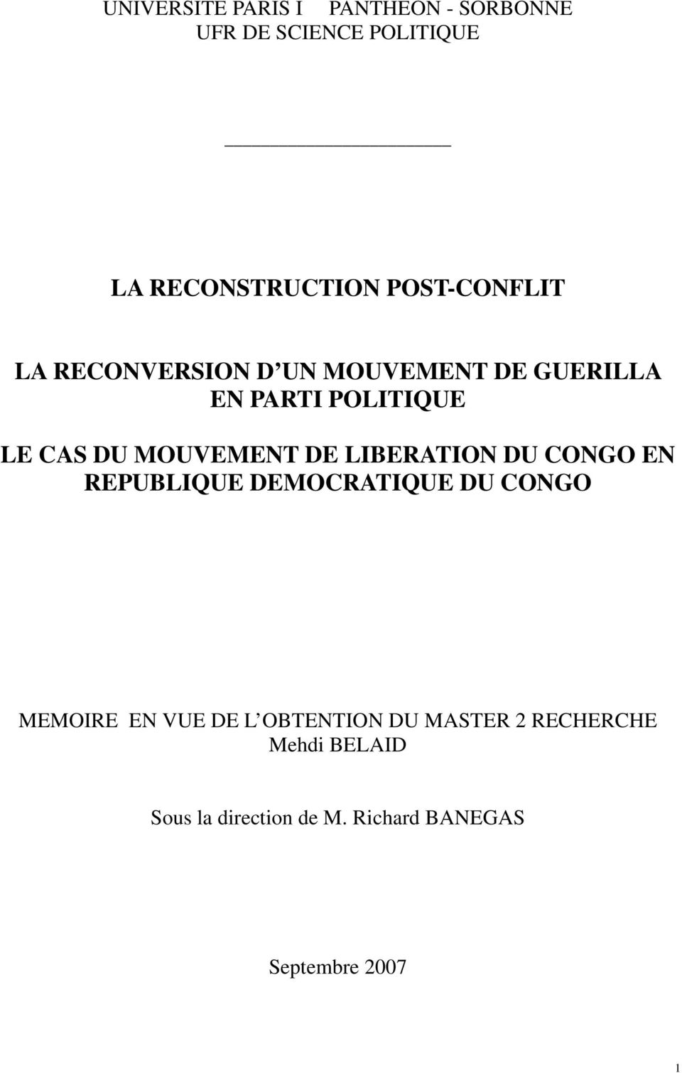 MOUVEMENT DE LIBERATION DU CONGO EN REPUBLIQUE DEMOCRATIQUE DU CONGO MEMOIRE EN VUE DE L