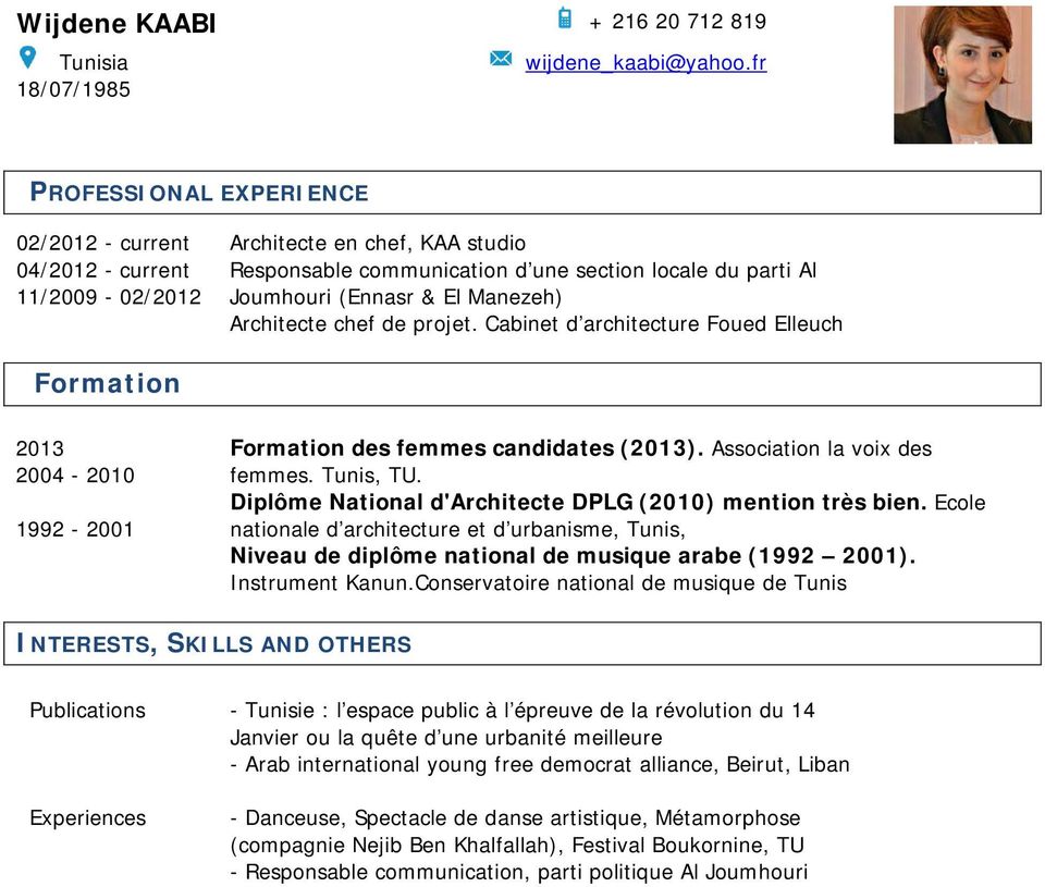 chef de projet. Cabinet d architecture Foued Elleuch 2013 2004-2010 1992-2001 des femmes candidates (2013). Association la voix des femmes. Tunis, TU.
