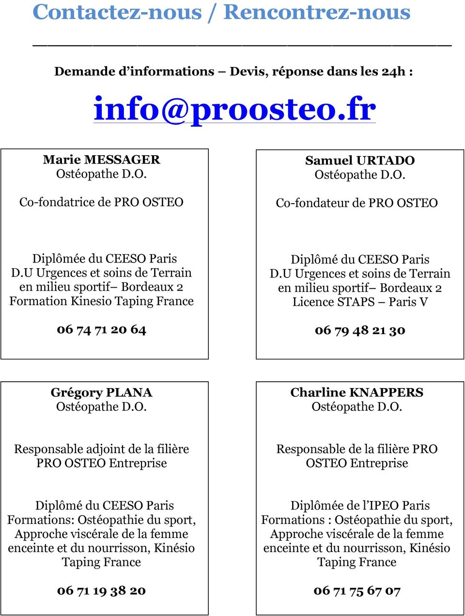 U Urgences et soins de Terrain en milieu sportif Bordeaux 2 Licence STAPS Paris V 06 79 48 21 30 Grégory PLANA Os