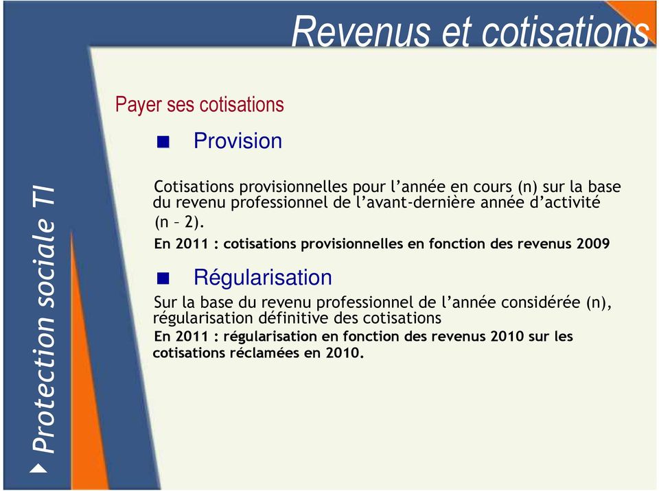 En 2011 : cotisations provisionnelles en fonction des revenus 2009 Régularisation Sur la base du revenu professionnel de l