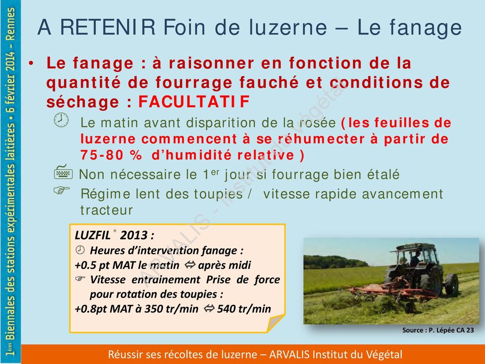 1 er jour si fourrage bien étalé Régime lent des toupies / vitesse rapide avancement tracteur LUZFIL * 2013 : Heures d intervention fanage : +0.