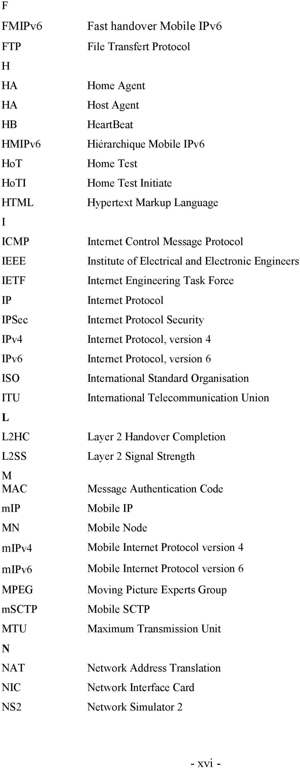 Internet Protocol, version 4 IPv6 Internet Protocol, version 6 ISO ITU L L2HC L2SS M MAC mip MN International Standard Organisation International Telecommunication Union Layer 2 Handover Completion