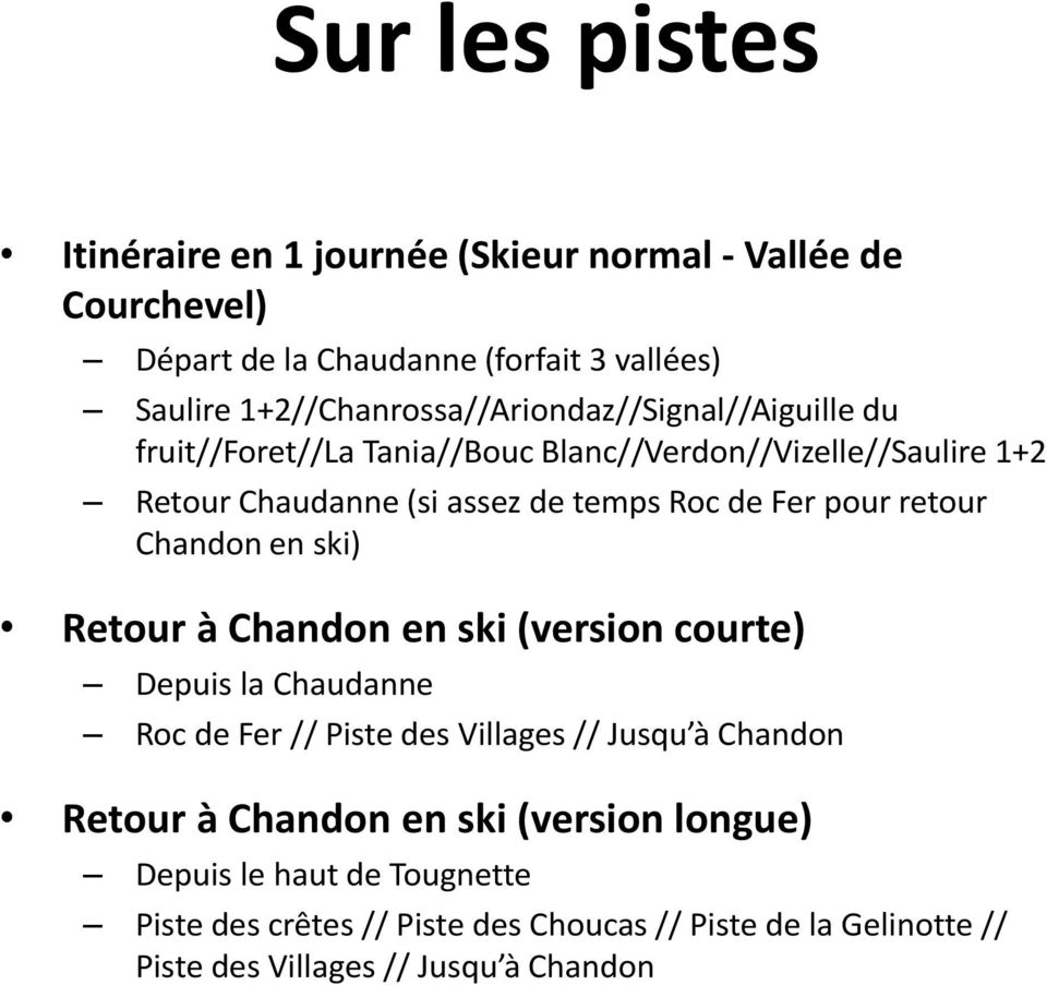 Roc de Fer pour retour Chandon en ski) Retour à Chandon en ski (version courte) Depuis la Chaudanne Roc de Fer // Piste des Villages // Jusqu à