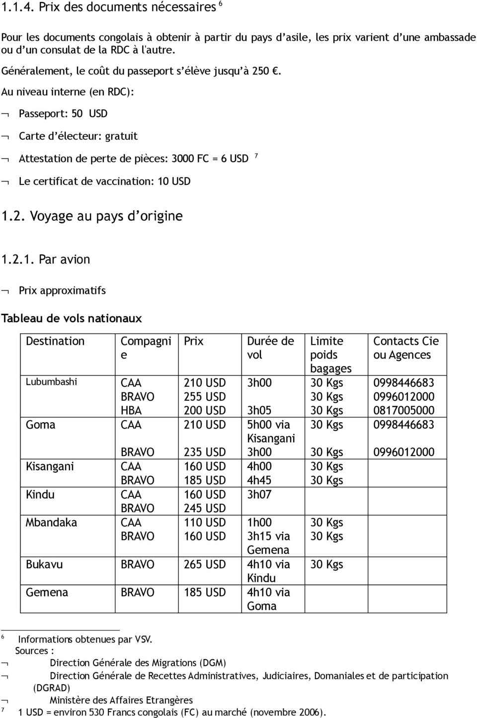 Au niveau interne (en RDC): Passeport: 50 USD Carte d électeur: gratuit Attestation de perte de pièces: 3000 FC = 6 USD 7 Le certificat de vaccination: 10