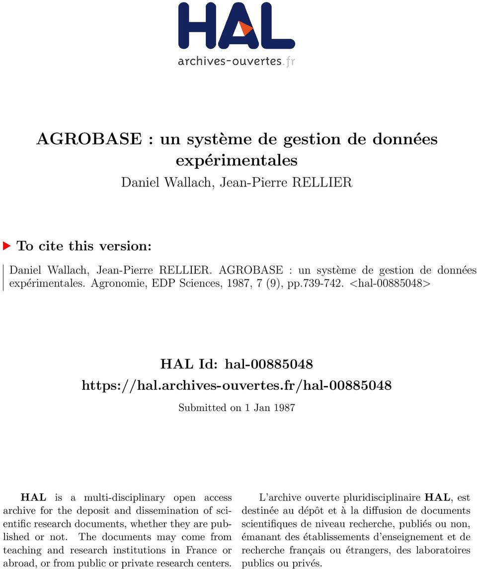 fr/hal-00885048 Submitted on 1 Jan 1987 HAL is a multi-disciplinary open access archive for the deposit and dissemination of scientific research documents, whether they are published or not.
