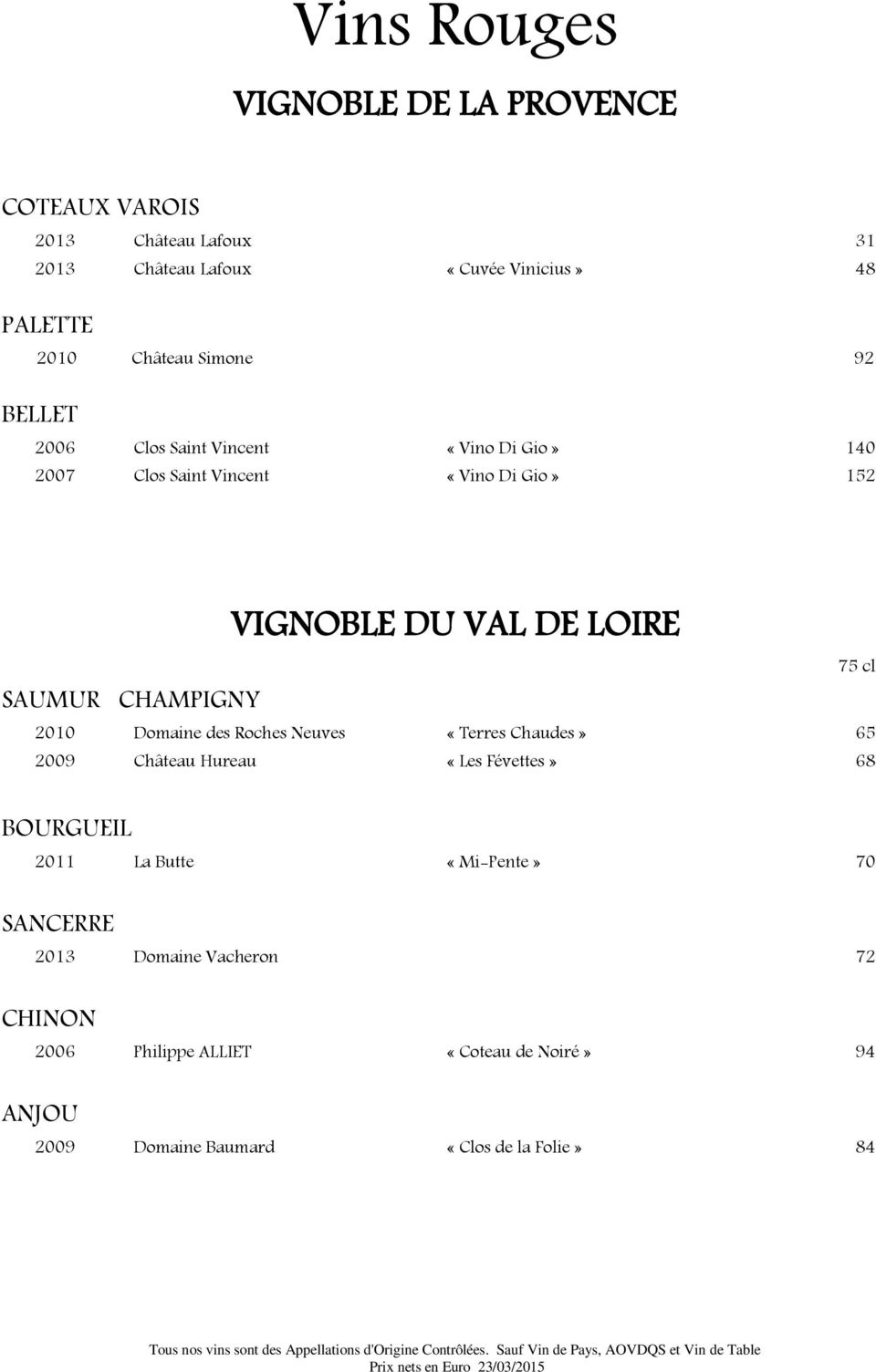 VIGNOBLE DU VAL DE LOIRE 2010 Domaine des Roches Neuves «Terres Chaudes» 65 2009 Château Hureau «Les Févettes» 68 BOURGUEIL 2011 La