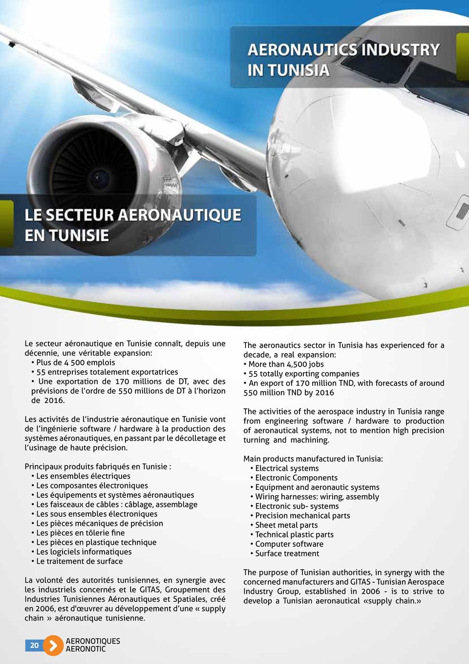 Les activités de l industrie aéronautique en Tunisie vont de l ingénierie software / hardware à la production des systèmes aéronautiques, en passant par le décolletage et l usinage de haute précision.