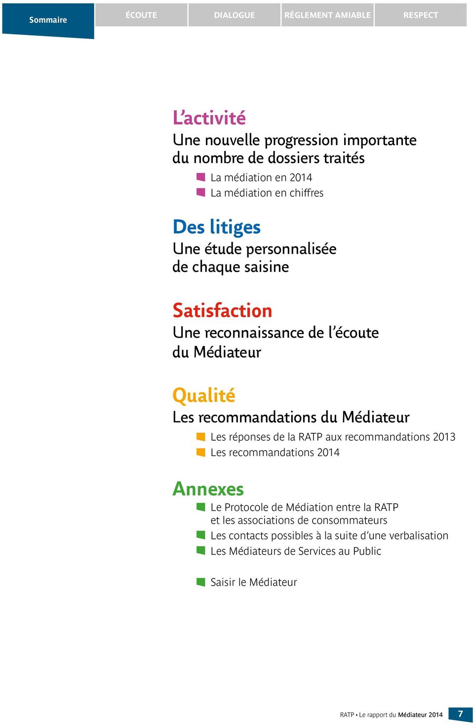 recommandations du Médiateur Les réponses de la RATP aux recommandations 2013 Les recommandations 2014 Annexes Le Protocole de Médiation entre la RATP et les