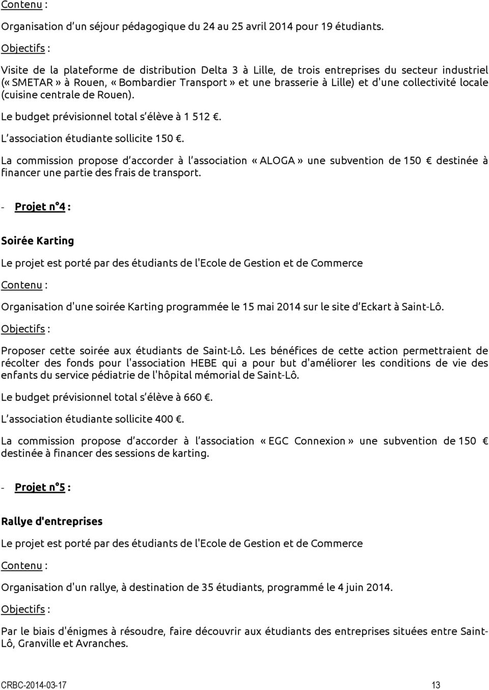 collectivité locale (cuisine centrale de Rouen). Le budget prévisionnel total s élève à 1 512. L association étudiante sollicite 150.