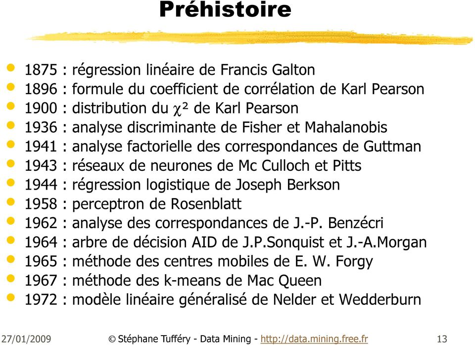 régression logistique de Joseph Berkson 1958 : perceptron de Rosenblatt 1962 : analyse des correspondances de J.-P. Benzécri 1964 : arbre de décision AID de J.P.Sonquist et J.