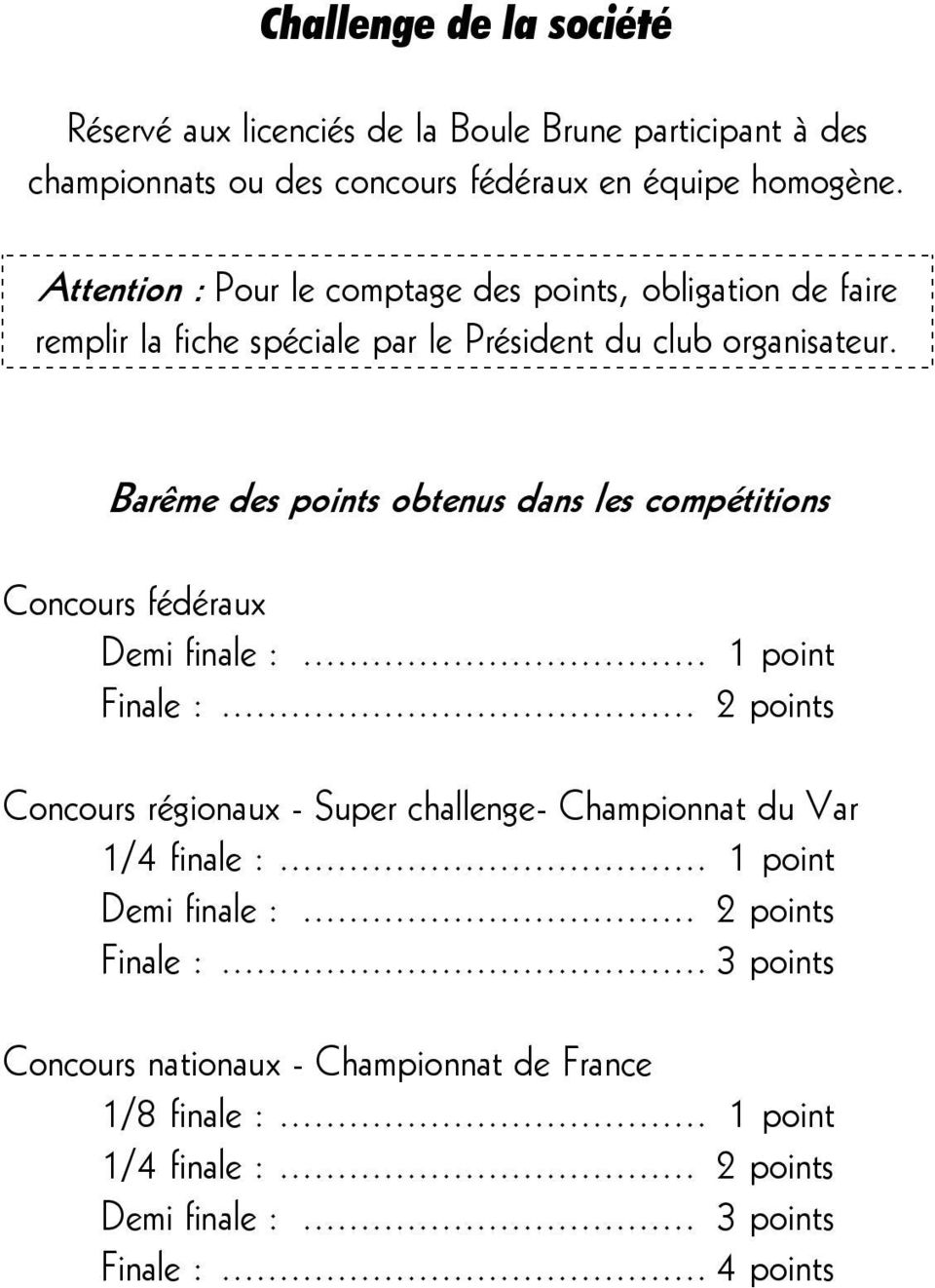 Barême des points obtenus dans les compétitions Concours fédéraux Demi finale :... 1 point Finale :.