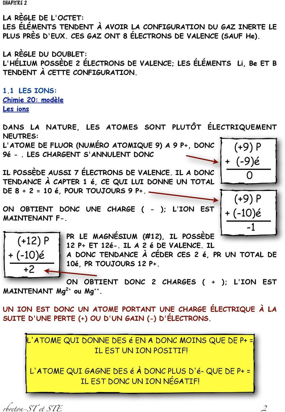 1 LES IONS: Chimie 20: modèle Les ions DANS LA NATURE, LES ATOMES SONT PLUTÔT ÉLECTRIQUEMENT NEUTRES: L'ATOME DE FLUOR (NUMÉRO ATOMIQUE 9) A 9 P+, DONC 9é -.