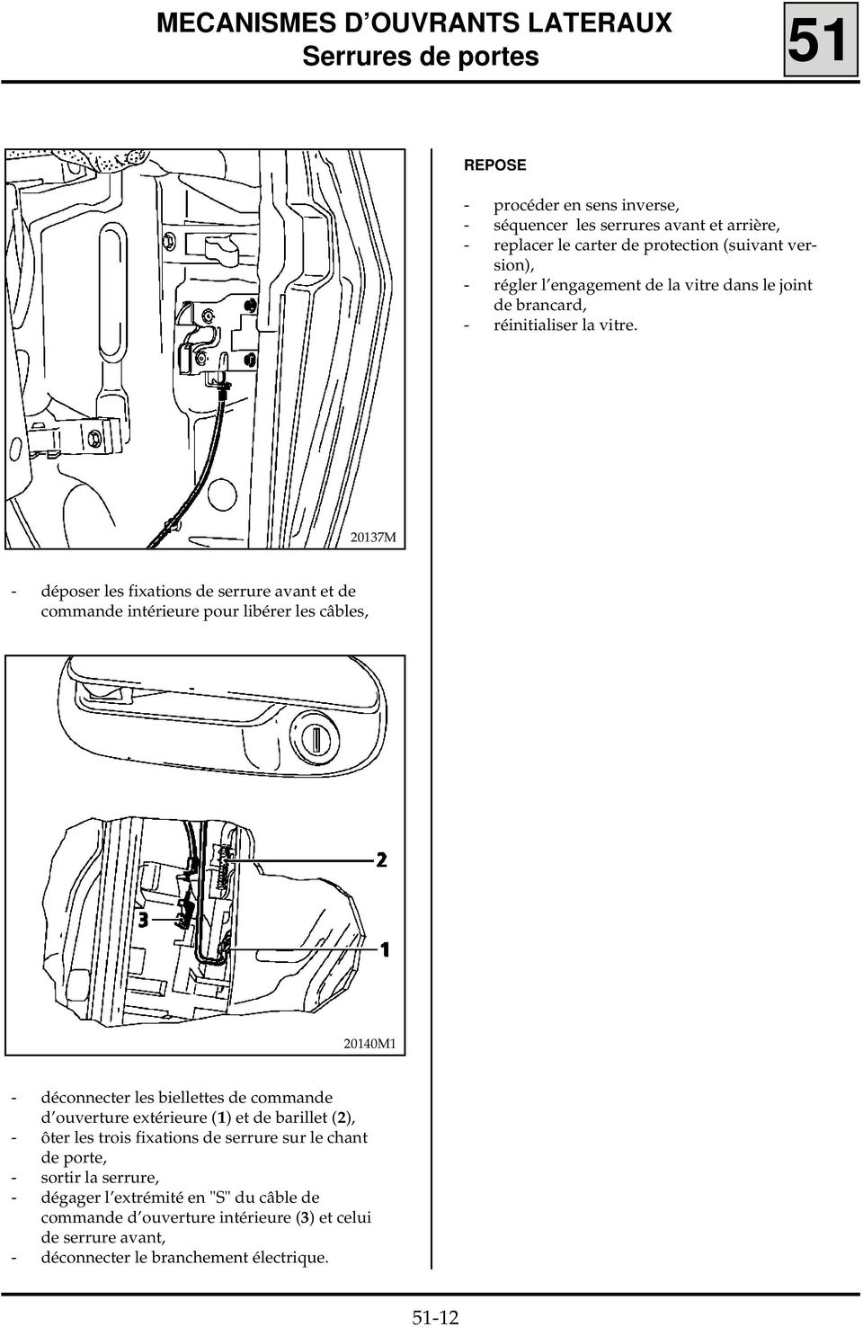 20137M - déposer les fixations de serrure avant et de commande intérieure pour libérer les câbles, 20140M1 - déconnecter les biellettes de commande d ouverture extérieure (1)