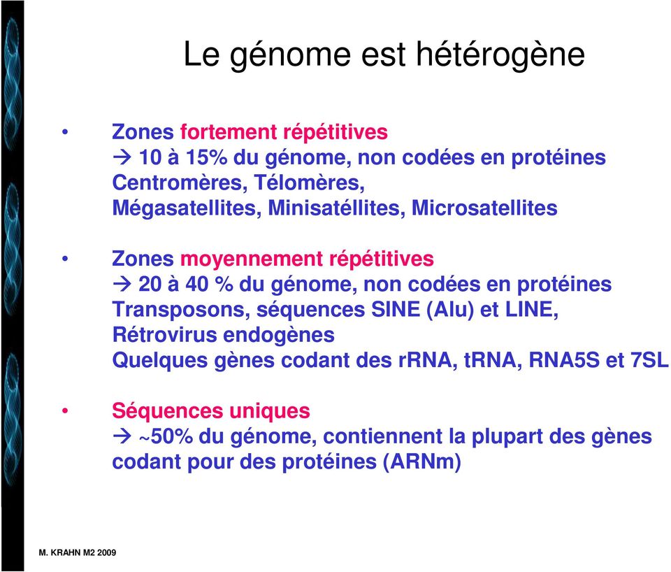 codées en protéines Transposons, séquences SINE (Alu) et LINE, Rétrovirus endogènes Quelques gènes codant des