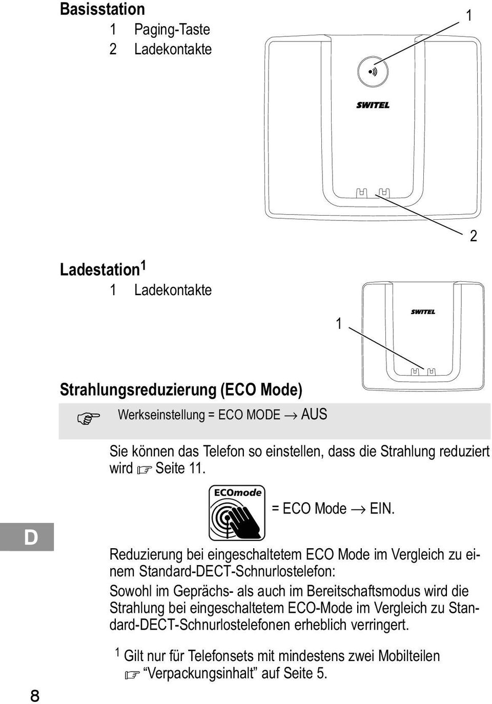 Reduzierung bei eingeschaltetem ECO Mode im Vergleich zu einem Standard DECT Schnurlostelefon: Sowohl im Geprächs als auch im Bereitschaftsmodus wird