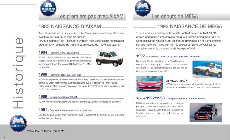 1984 - Première AIXAM sans permis AIXAM commercialise sa nouvelle voiture sans permis (vitesse: 45 km/h) et complète sa gamme une année plus tard en lançant son 1er moteur TQM (vitesse: 75 km/h,