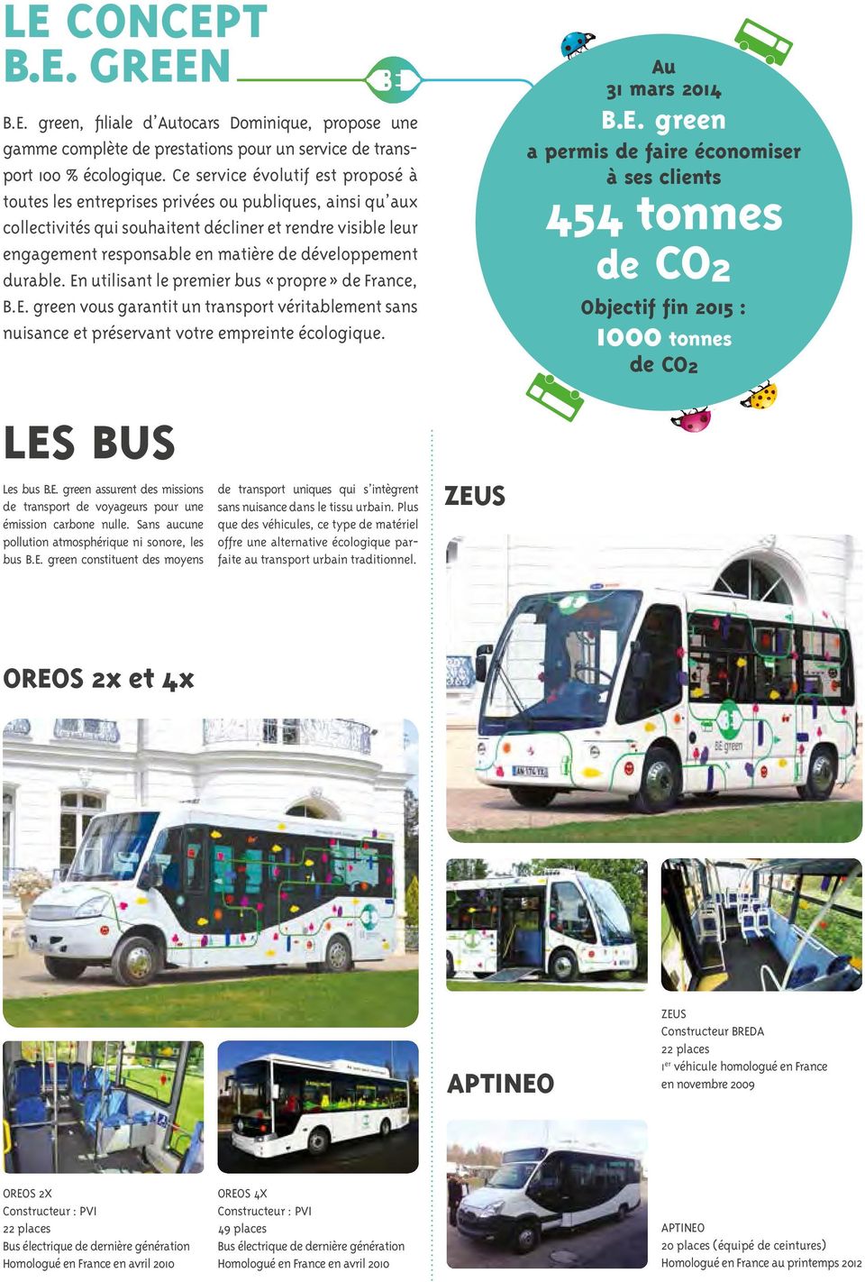 développement durable. En utilisant le premier bus «propre» de France, B.E. green vous garantit un transport véritablement sans nuisance et préservant votre empreinte écologique. LES BUS Les bus B.E. green assurent des missions de transport de voyageurs pour une émission carbone nulle.