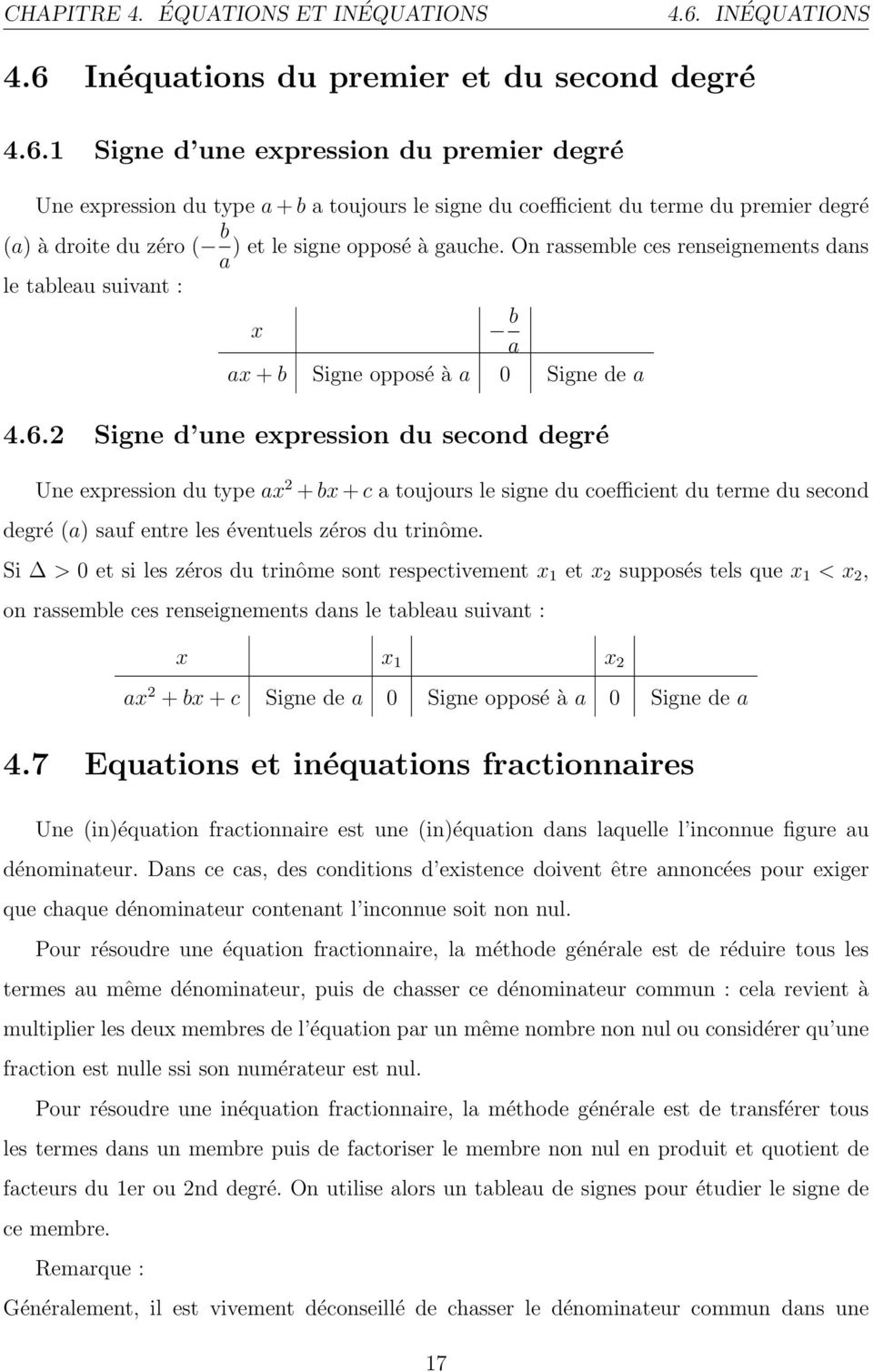 Inéquations du premier et du second degré 4.6.