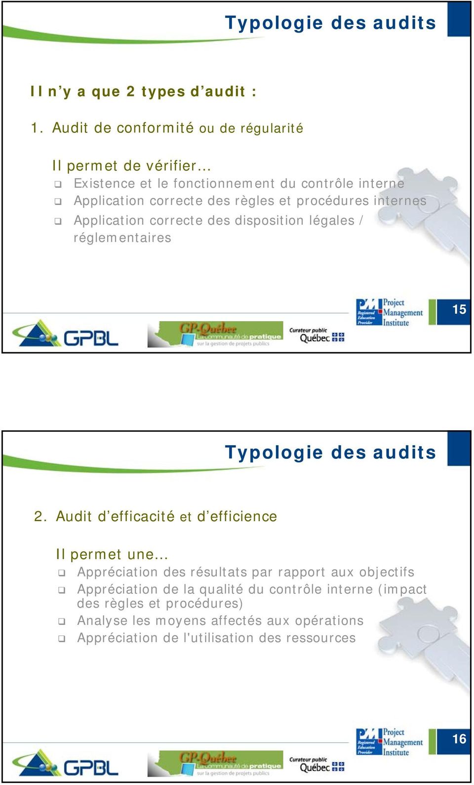 procédures internes Application correcte des disposition légales / réglementaires 15 Typologie des audits 2.