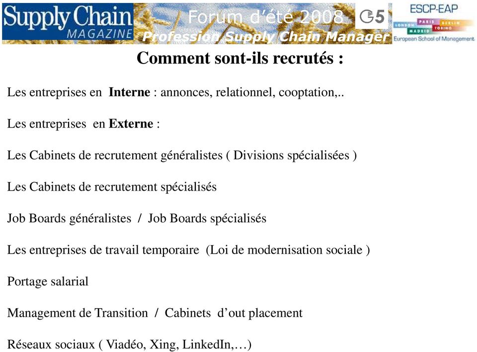 recrutement spécialisés Job Boards généralistes / Job Boards spécialisés Les entreprises de travail temporaire (Loi