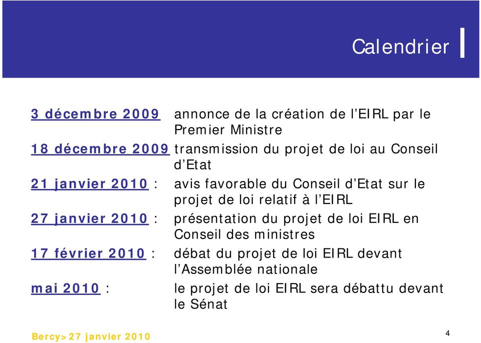 EIRL 27 janvier 2010 : présentation du projet de loi EIRL en Conseil des ministres 17 février 2010 : débat du projet