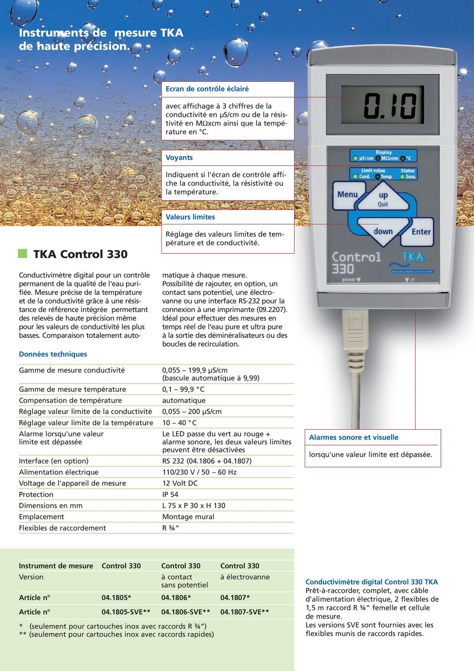 Valeurs limites TKA Control 330 Conductivimètre digital pour un contrôle permanent de la qualité de l'eau purifiée.