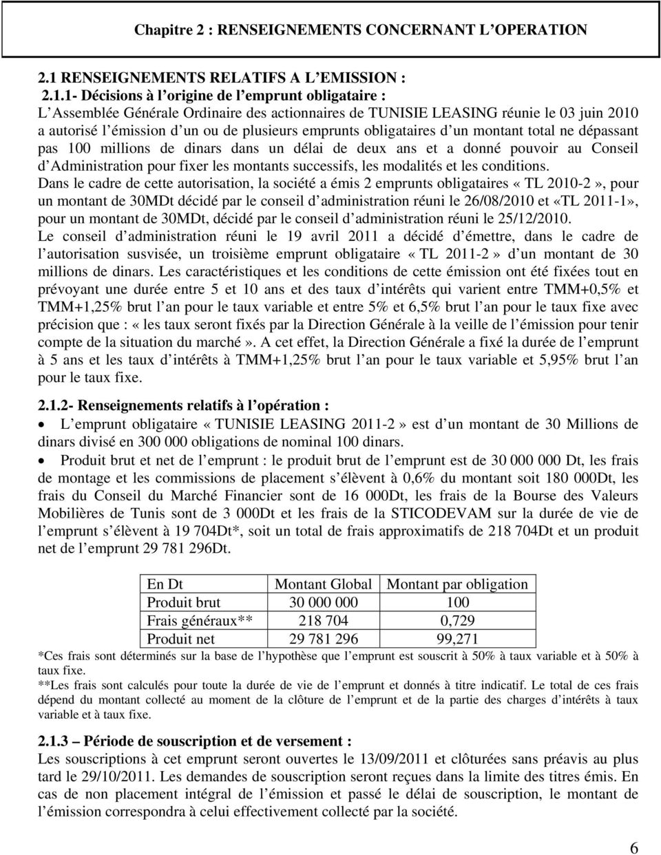 1- Décisions à l origine de l emprunt obligataire : L Assemblée Générale Ordinaire des actionnaires de TUNISIE LEASING réunie le 03 juin 2010 a autorisé l émission d un ou de plusieurs emprunts