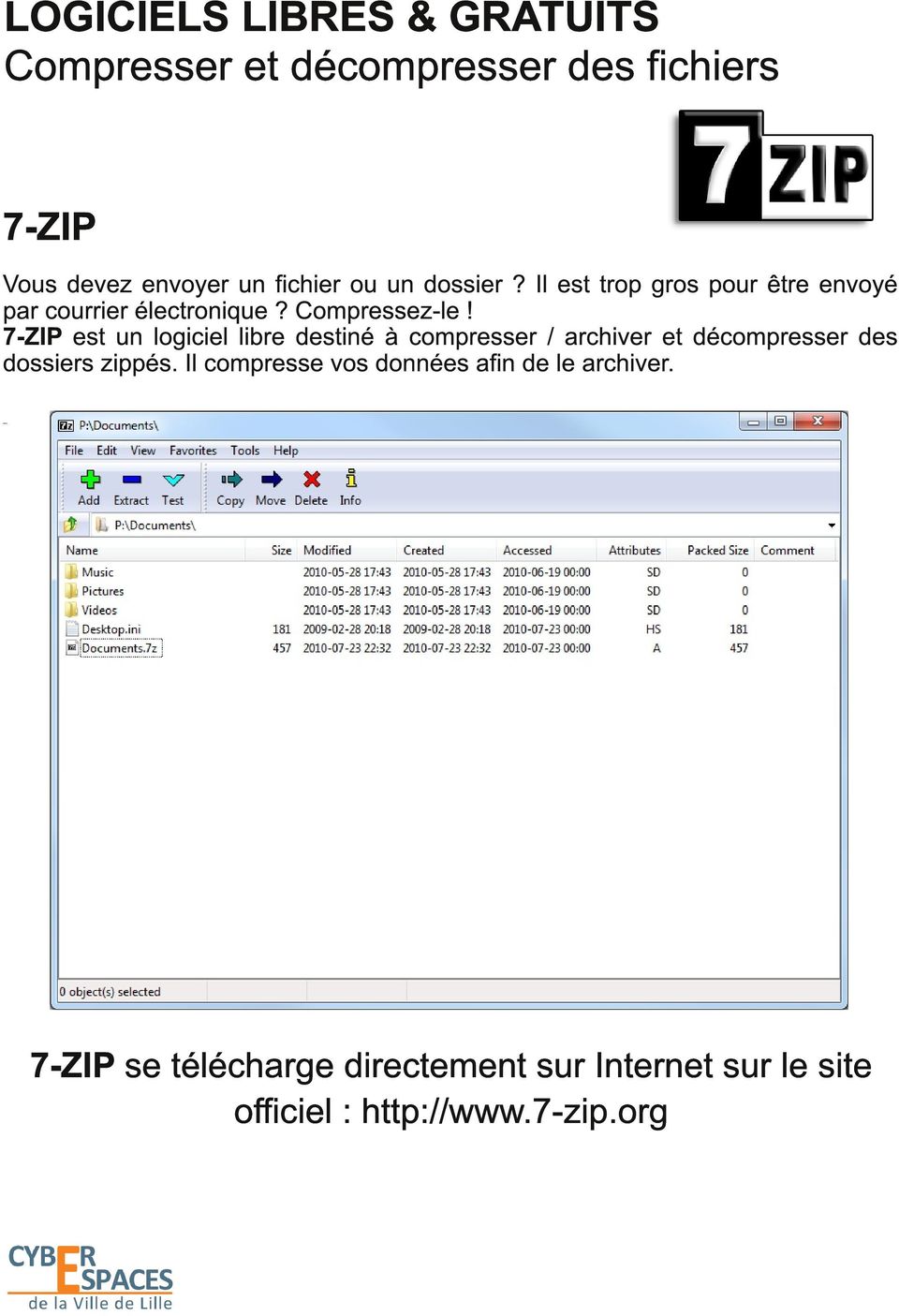 7-ZIP est un logiciel libre destiné à compresser / archiver et décompresser des dossiers zippés.