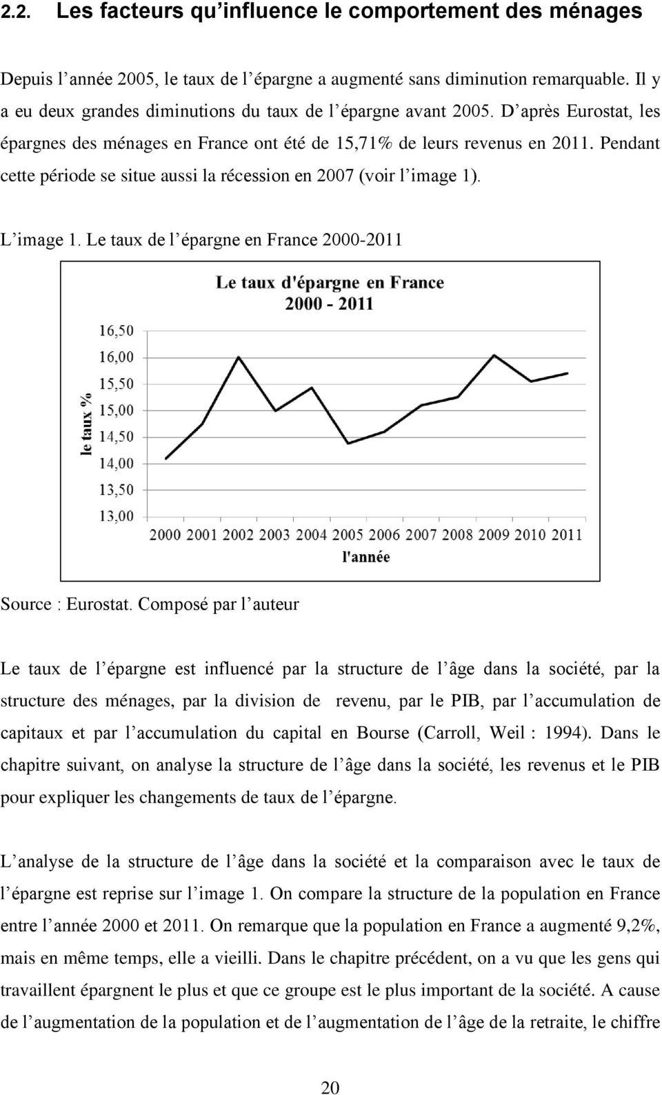 Pendant cette période se situe aussi la récession en 2007 (voir l image 1). L image 1. Le taux de l épargne en France 2000-2011 Source : Eurostat.