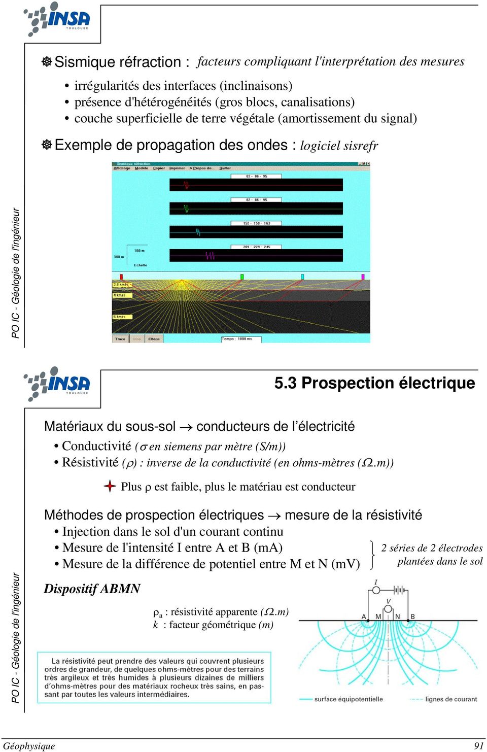 3 Prospection électrique Matériaux du sous-sol conducteurs de l électricité Conductivité (σ en siemens par mètre (S/m)) Résistivité (ρ) : inverse de la conductivité (en ohms-mètres (Ω.