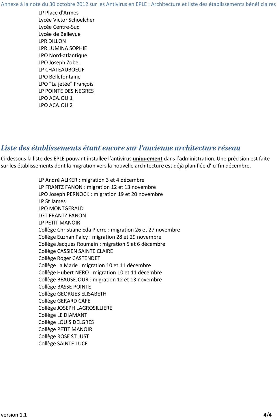 encore sur l ancienne architecture réseau Ci-dessous la liste des EPLE pouvant installée l antivirus uniquement dans l administration.