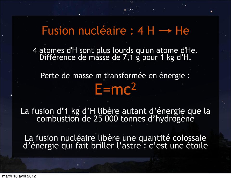 Perte de masse m transformée en énergie : E=mc 2 La fusion d 1 kg d H libère autant d