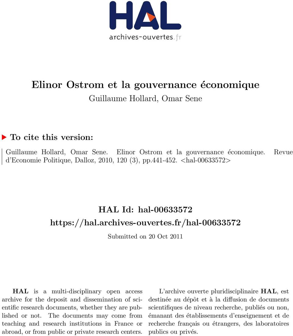 fr/hal-00633572 Submitted on 20 Oct 2011 HAL is a multi-disciplinary open access archive for the deposit and dissemination of scientific research documents, whether they are published or not.