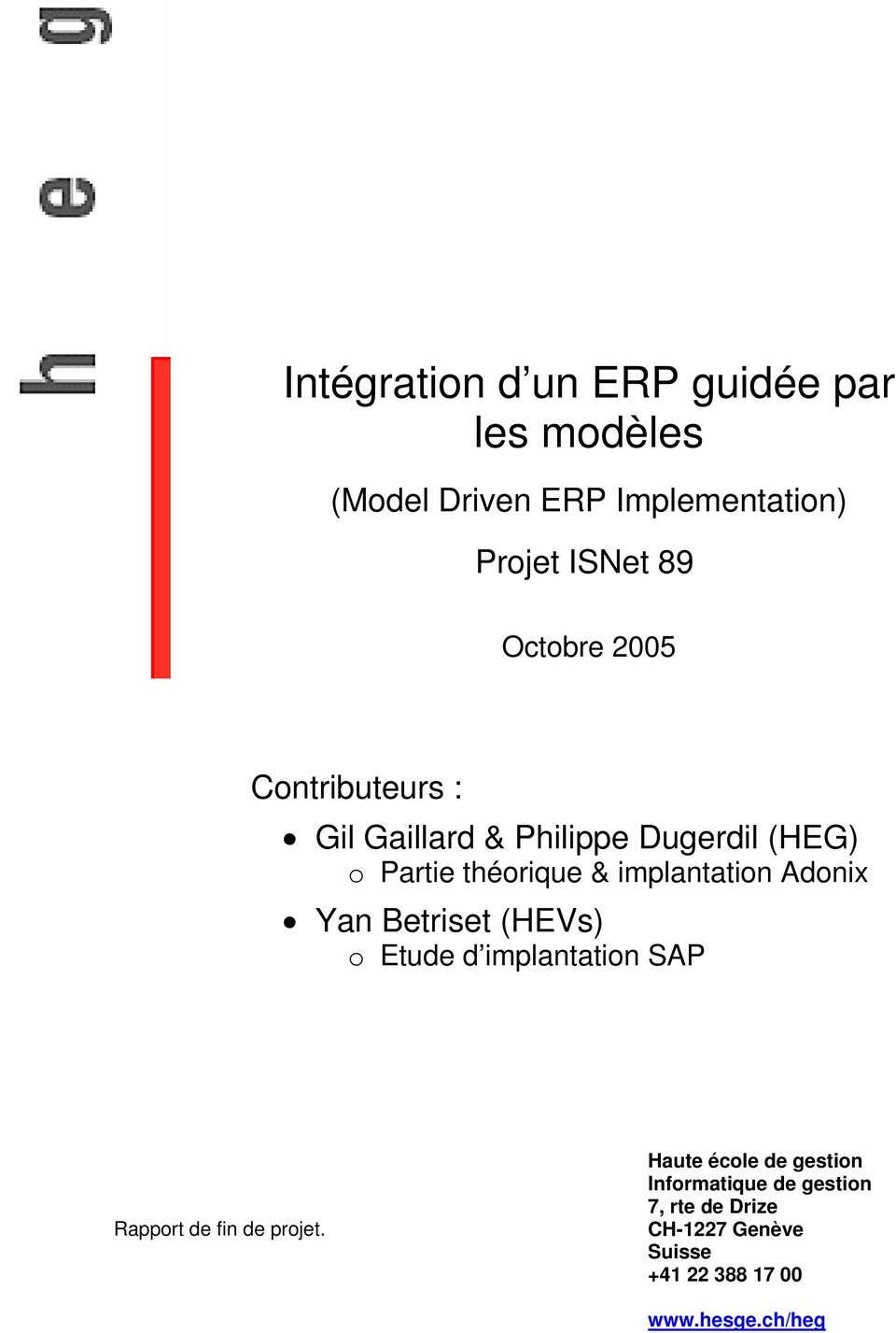 implantation Adonix Yan Betriset (HEVs) o Etude d implantation SAP Rapport de fin de projet.
