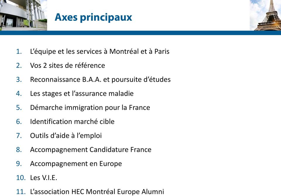 Démarche immigration pour la France 6. Identification marché cible 7. Outils d aide à l emploi 8.