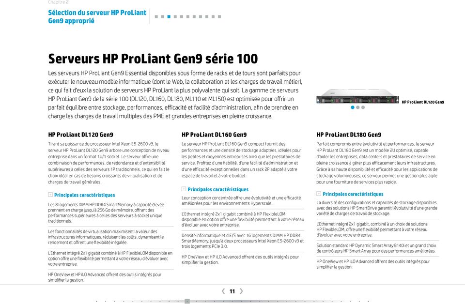 La gamme de serveurs HP ProLiant Gen9 de la série 100 (DL120, DL160, DL180, ML110 et ML150) est optimisée pour offrir un parfait équilibre entre stockage, performances, efficacité et facilité