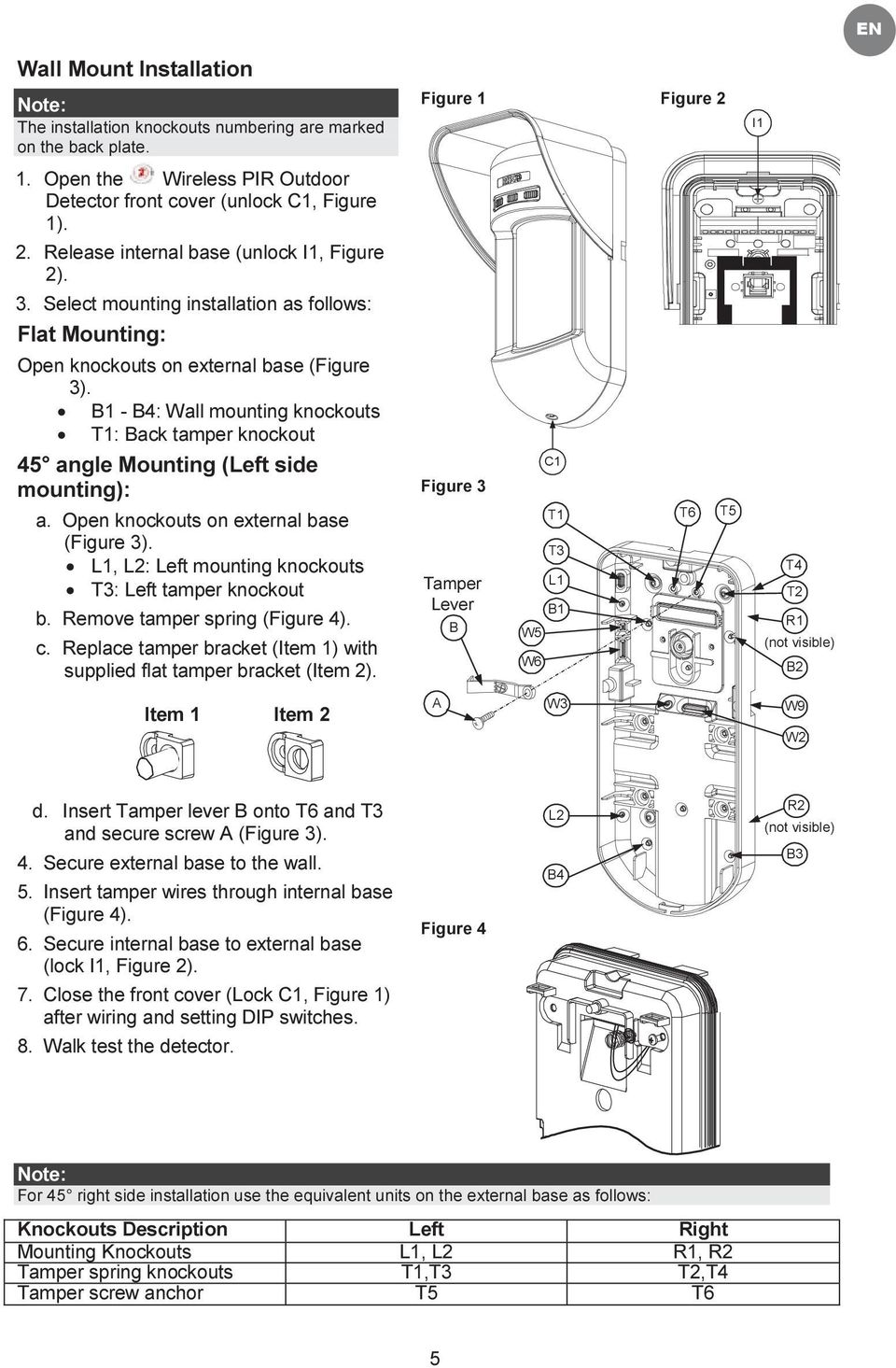 B1 - B4: Wall mounting knockouts T1: Back tamper knockout 45 angle Mounting (Left side mounting): a. Open knockouts on external base (Figure 3).