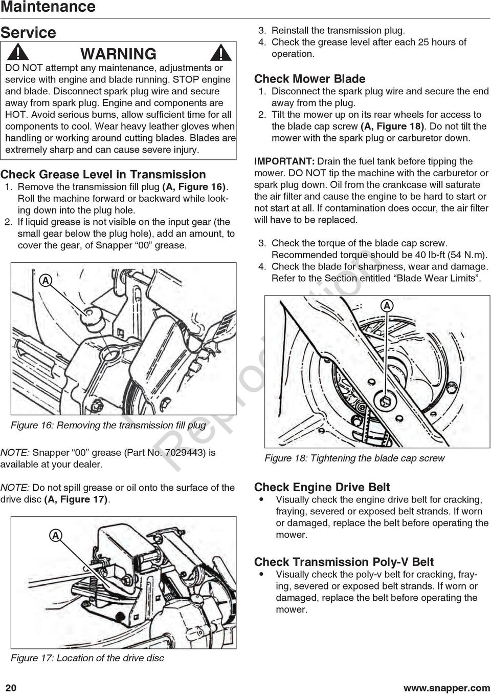 lades are extremely sharp and can cause severe injury. heck Grease Level in Transmission 1. Remove the transmission fill plug (, Figure 16).