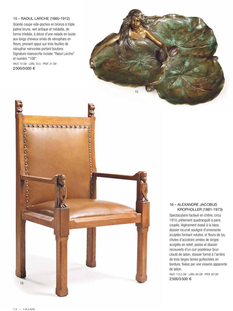 31 CM 2 000/3 000 15 16 16 ALEXANDRE JACOBUS KROPHOLLER (1881-1973) Spectaculaire fauteuil en chêne, circa 1910, piétement quadrangulé à pans coupés, légèrement évasé à la base, dossier incurvé