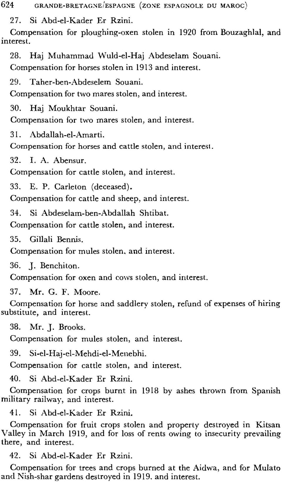 Haj Moukhtar Souani. Compensation for two mares stolen, and interest. 31. Abdallah-el-Amarti. Compensation for horses and cattle stolen, and interest. 32. LA. Abensur.