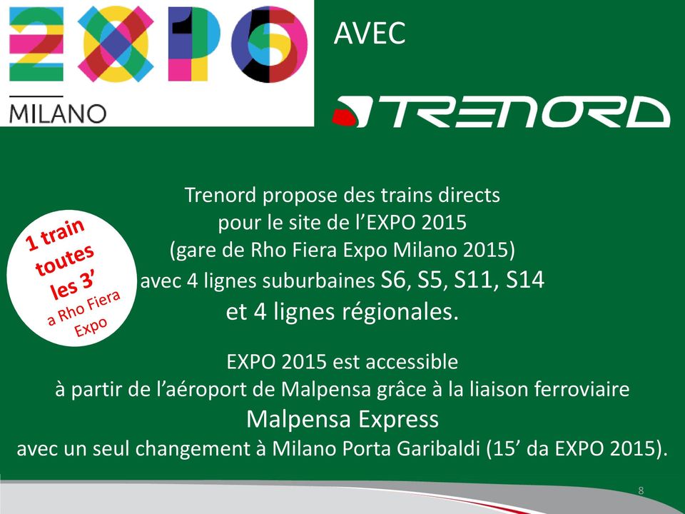 EXPO 2015 est accessible à partir de l aéroport de Malpensa grâce à la liaison