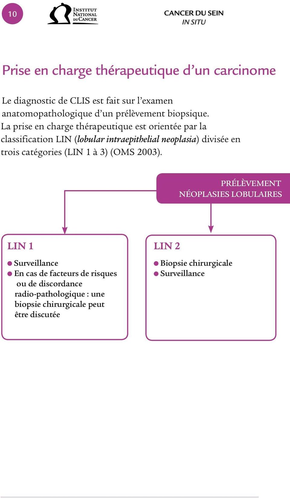La prise en charge thérapeutique est orientée par la classification LIN (lobular intraepithelial neoplasia) divisée en trois