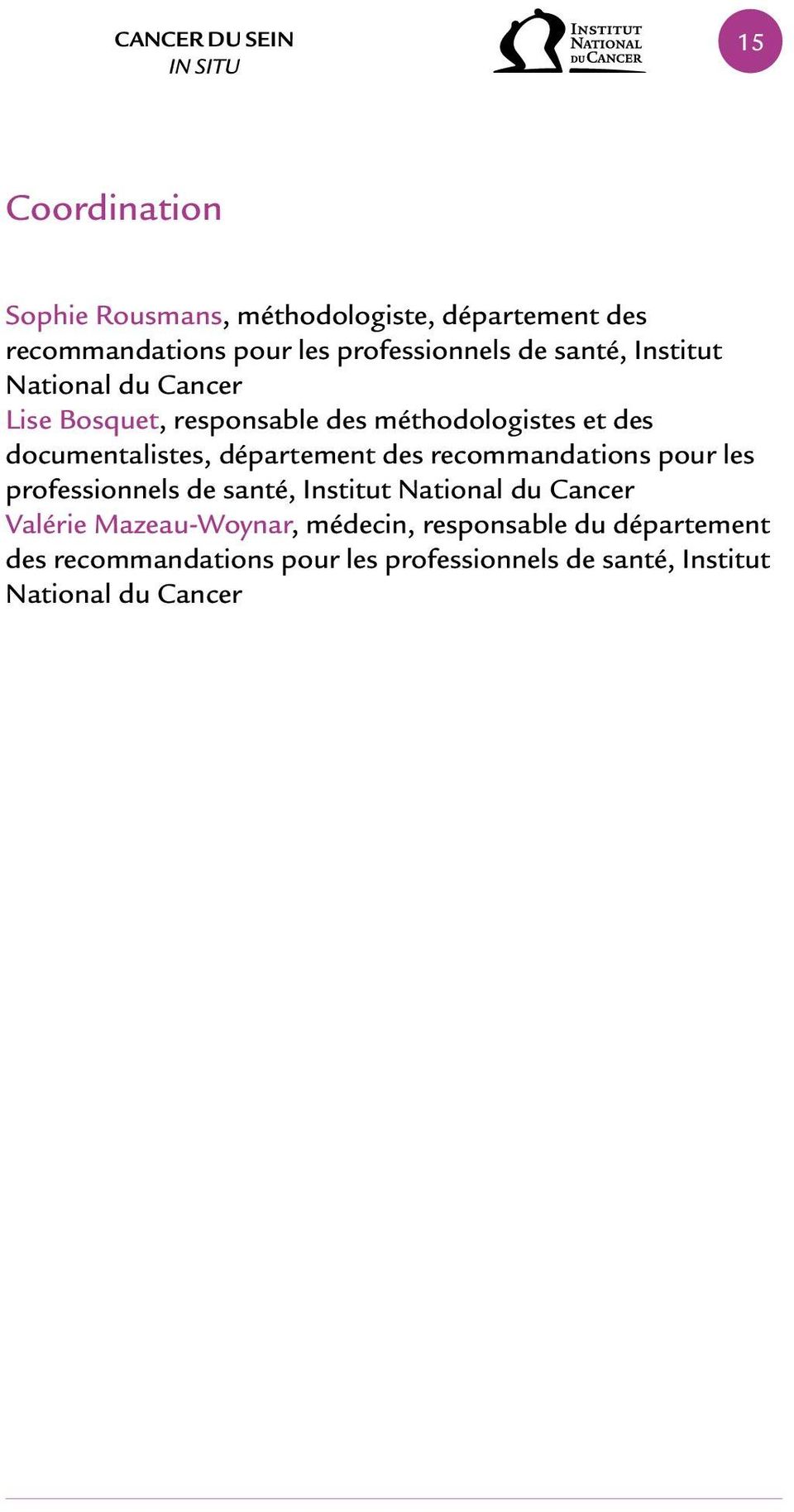 documentalistes, département des recommandations pour les professionnels de santé, Institut National du Cancer