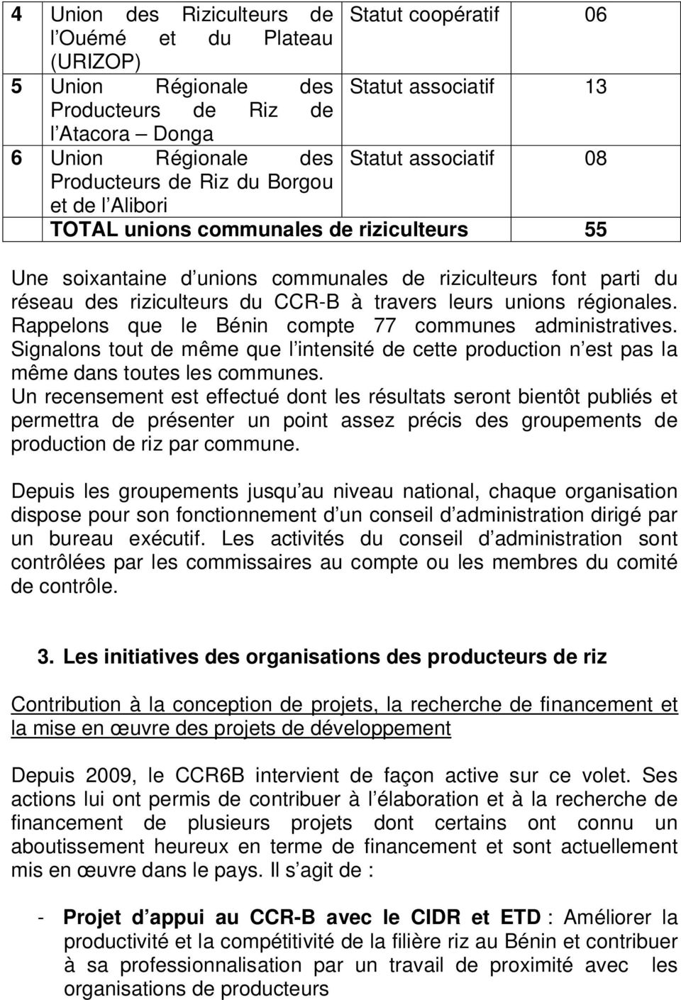 CCR-B à travers leurs unions régionales. Rappelons que le Bénin compte 77 communes administratives.