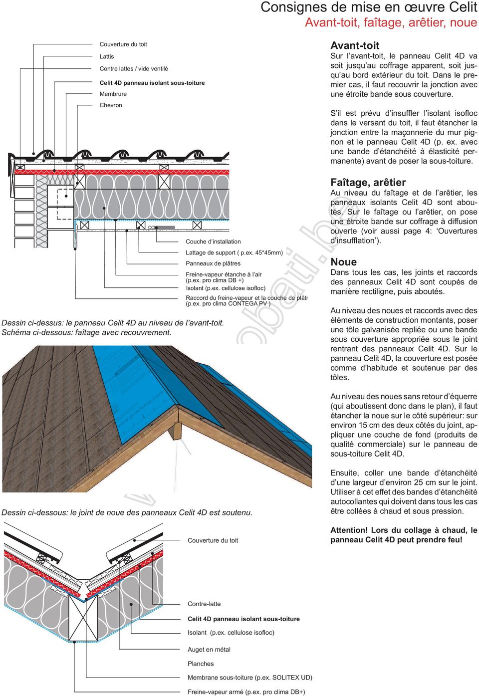 pro clima DB +) Isolant (p.ex. cellulose isofloc) Raccord du freine-vapeur et la couche de plâtre (p.ex. pro clima CONTEGA PV ) Couverture du toit Contre-latte Isolant (p.