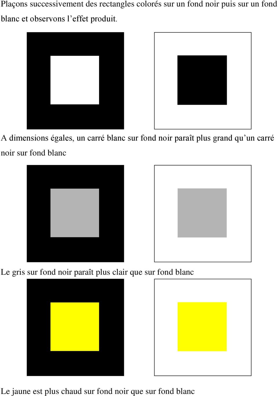 A dimensions égales, un carré blanc sur fond noir paraît plus grand qu un carré