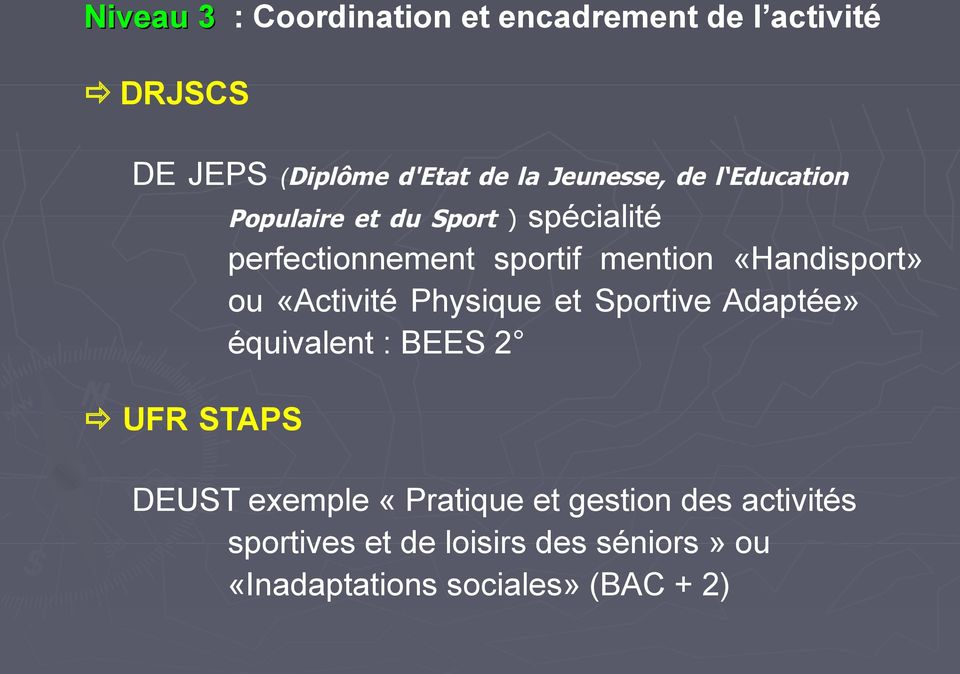 «Handisport» ou «Activité Physique et Sportive Adaptée» équivalent : BEES 2 UFR STAPS DEUST