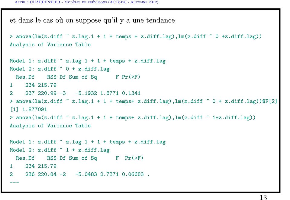 8771 0.1341 > anova(lm(z.diff ~ z.lag.1 + 1 + temps+ z.diff.lag),lm(z.diff ~ 0 + z.diff.lag))$f[2] [1] 1.877091 > anova(lm(z.diff ~ z.lag.1 + 1 + temps+ z.diff.lag),lm(z.diff ~ 1+z.diff.lag)) Analysis of Variance Table Model 1: z.
